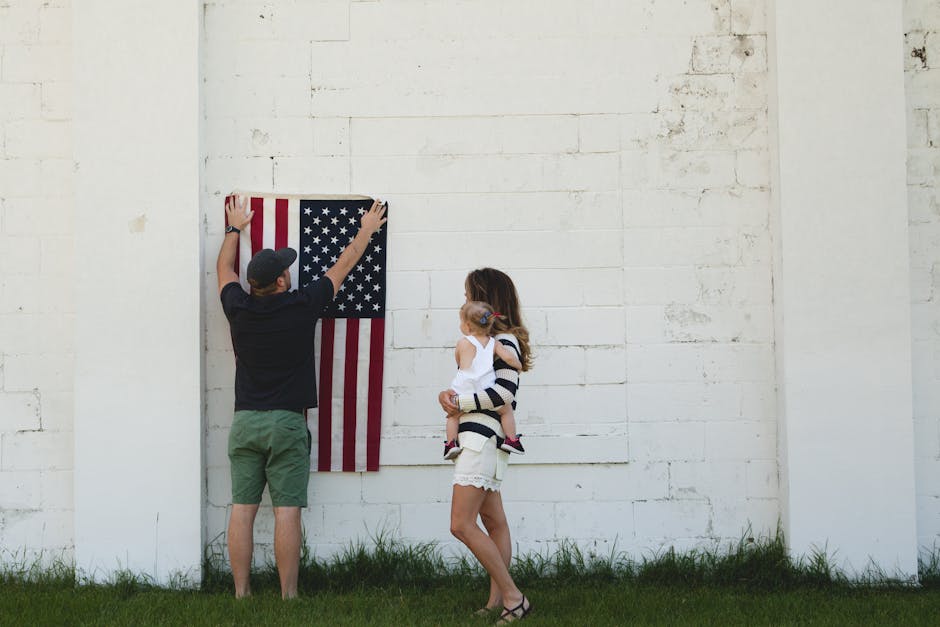 Family putting up a flag